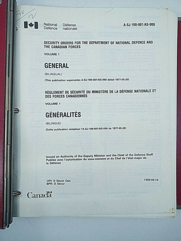 Canadian Forces Security Orders Volume 1 Reference Book