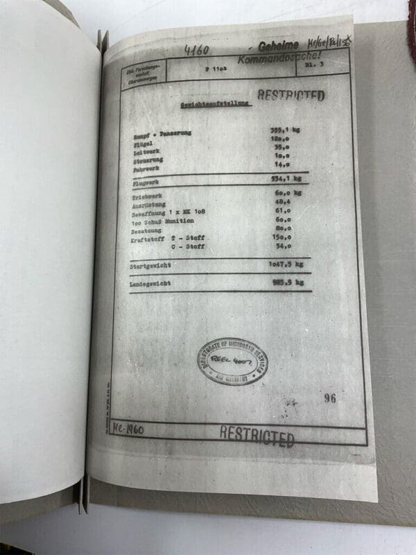 WW2 German US Lockheed Messerchmitt P1103 Tabulation of Weight