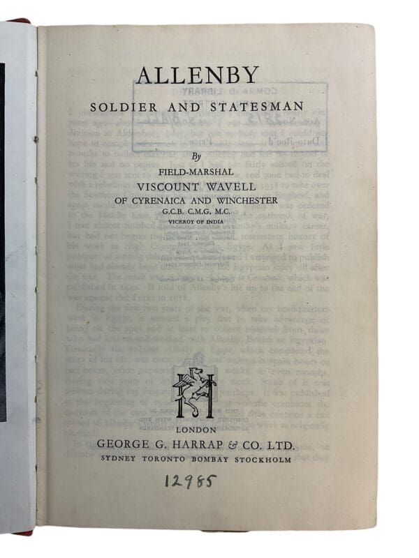 WW2 British Allenby Soldier & Statesman Reference Book