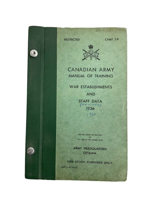 Canadian Army Manual War Establishments and Staff Data Softcover Reference Book