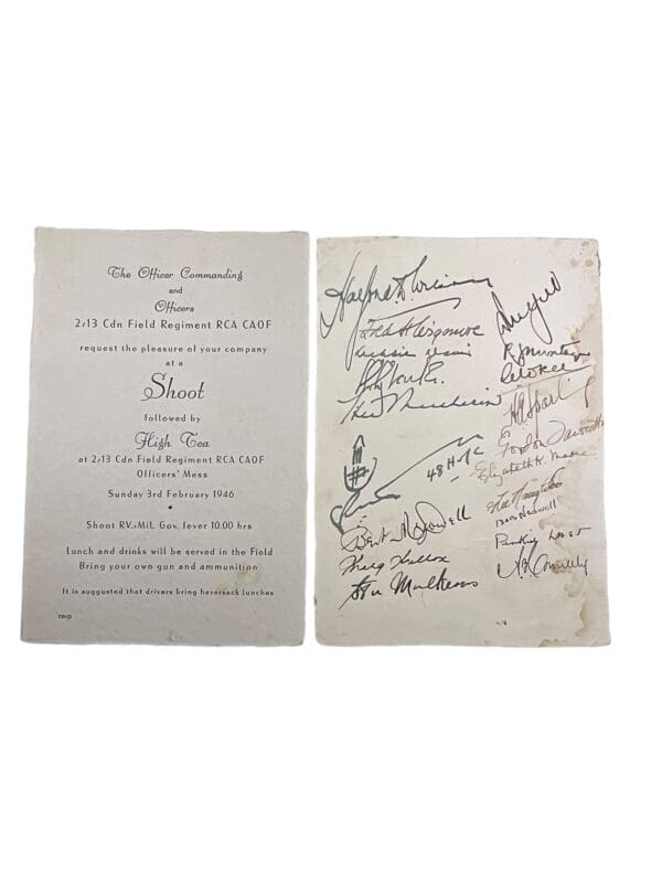 2/13th Canadian Field Artillery Signed Officers Mess Dinner Shoot