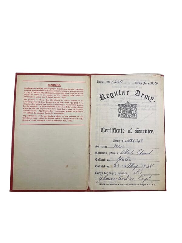 WW2 British Parachute Regiment Gloucestershire Certificate of Service Book