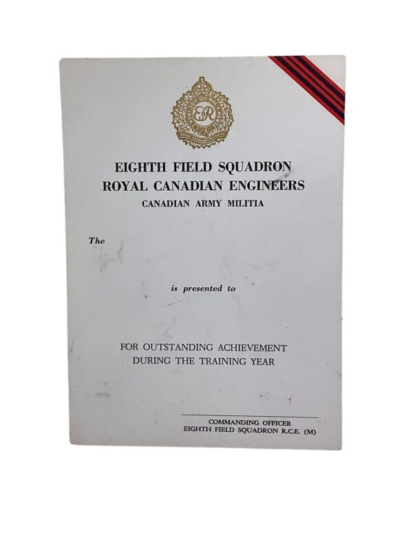 Royal Canadian Engineers 8th Field Squadron Achievement Certificate