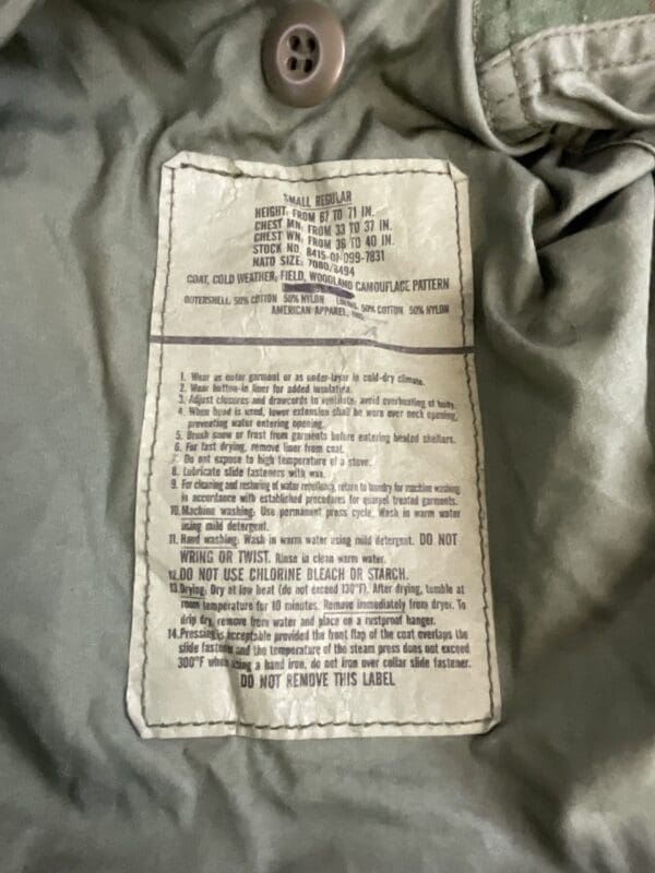 US Army M65 Woodland Jacket Size Small Regular