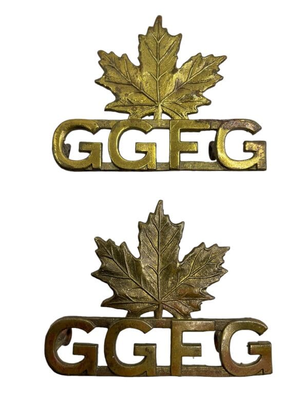 WW2 Canadian GGFG Governor Generals Foot Guards Brass Shoulder Titles Pair