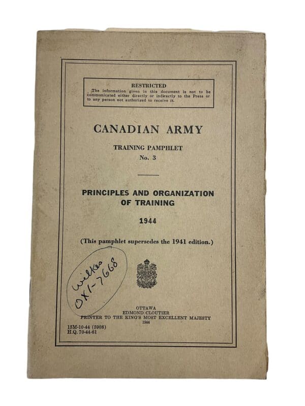 WW2 Canadian Army No. 3 Principles And Organization 1944 Training Manual