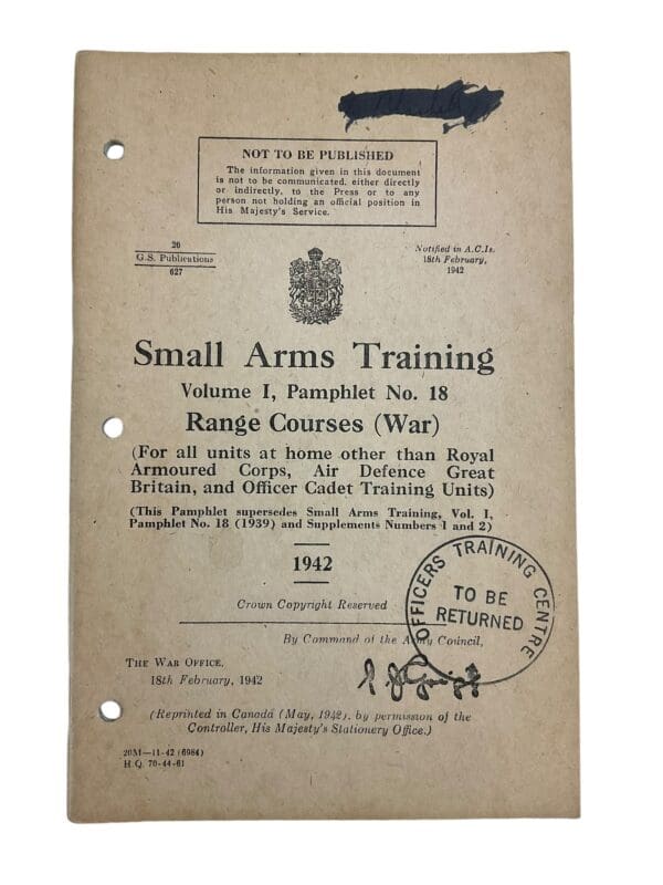 WW2 Canadian Army Vol 1 No. 18 Range Courses (War) 1942 Training Manual