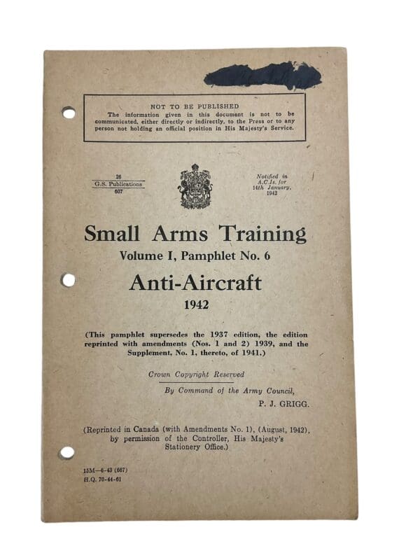 WW2 Canadian Army Vol 1 No. 6 Anti-Aircraft 1942 Training Manual