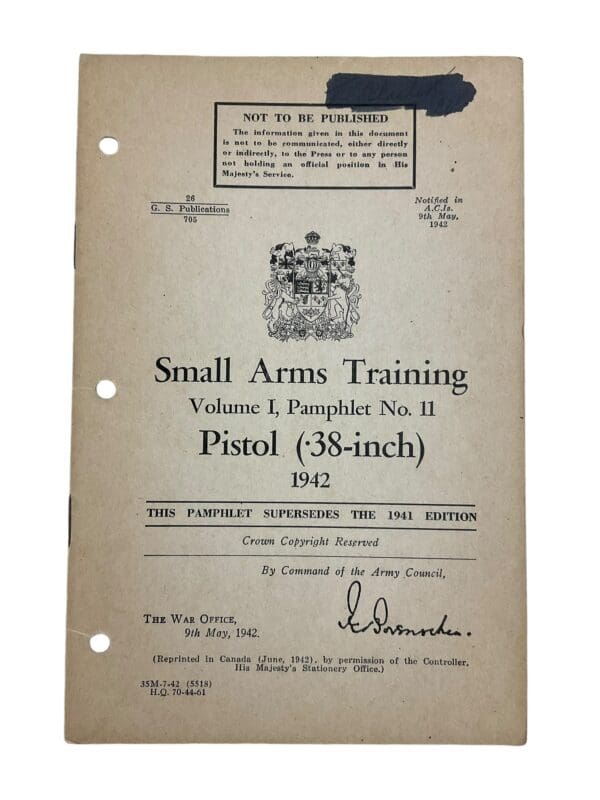 WW2 Canadian Army Vol 1 No. 11 Pistol (.38-inch) 1942 Training Manual