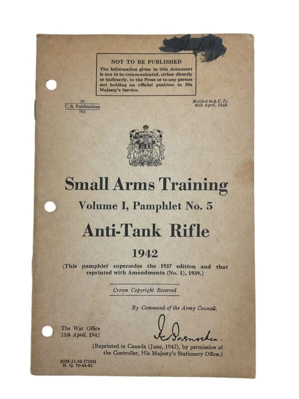 WW2 Canadian Army Vol 1 No. 5 Anti-Tank Rifle 1942 Training Manual