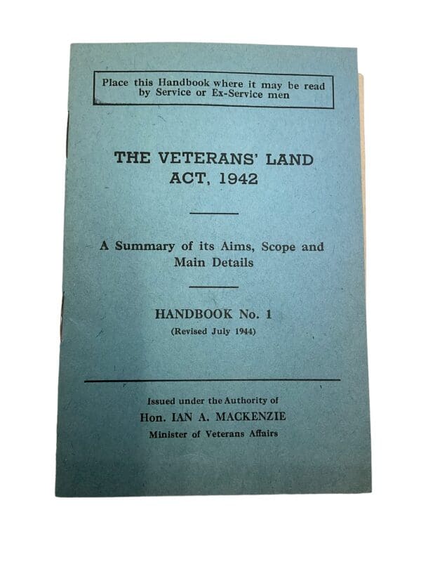 WW2 Canadian The Veterans Land Act 1942 No 1 Softcover Reference Book