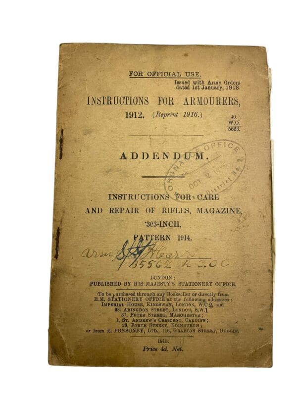 WW1 Canadian CEF Instructions for Armourers 1912 Addendum Softcover Training Manual