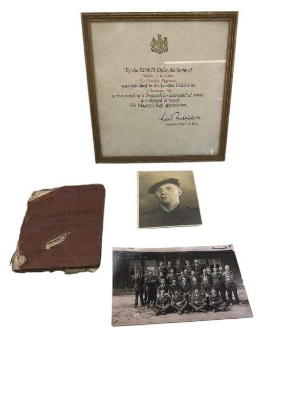 WW2 British Cheshire Regiment Soldiers Service Pay Book Photos and MID Certificate Dunkirk POW