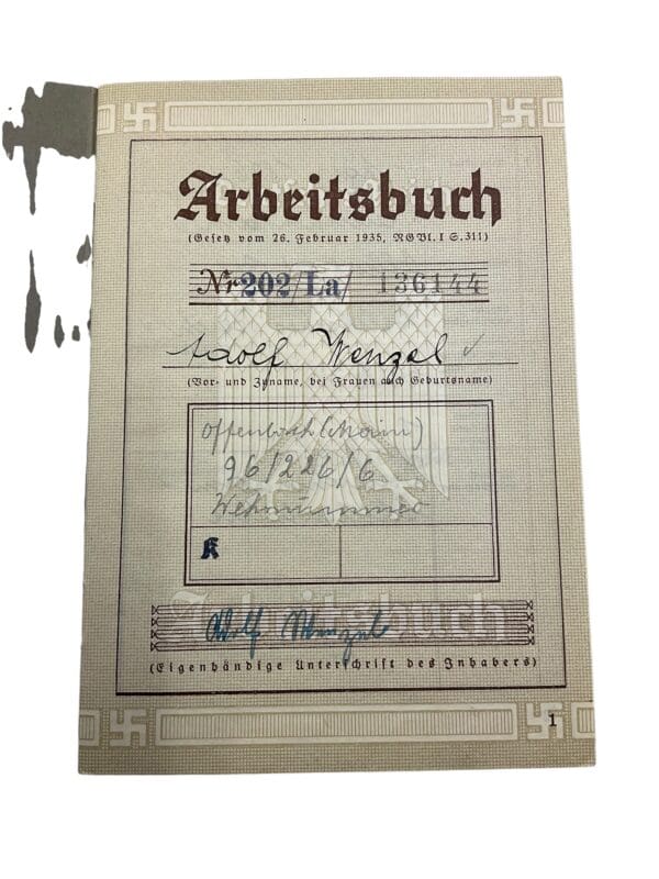 WW2 German Arbeitsbuch Employment Record Book - Wenzel