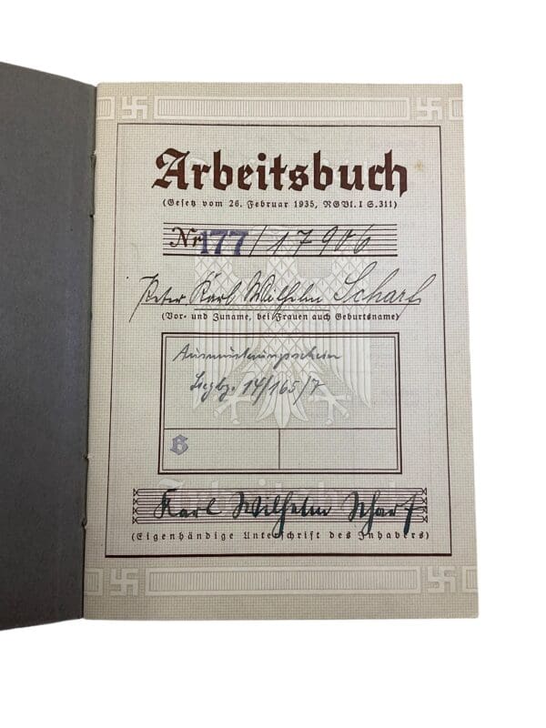 WW2 German Arbeitsbuch Employment Record Book - Scharf