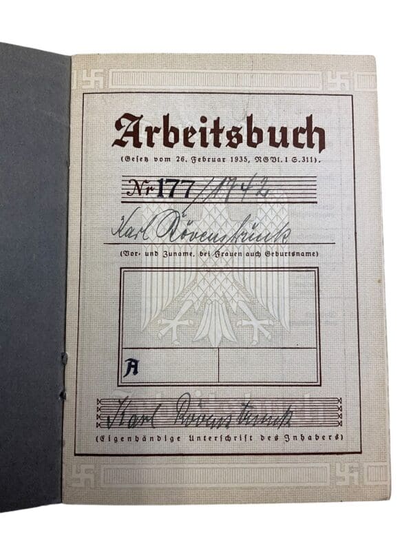 WW2 German Arbeitsbuch Employment Record Book - Noueusfrink