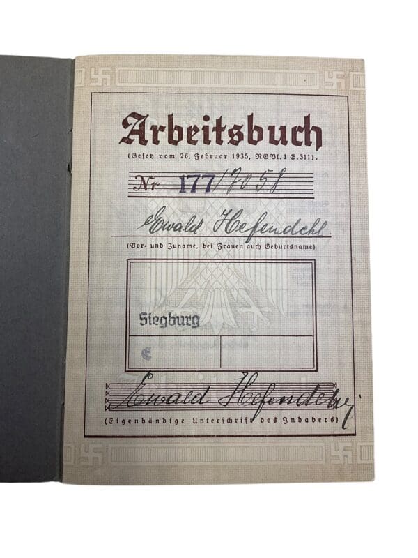 WW2 German Arbeitsbuch Employment Record Book - Hefendehl - Image 3