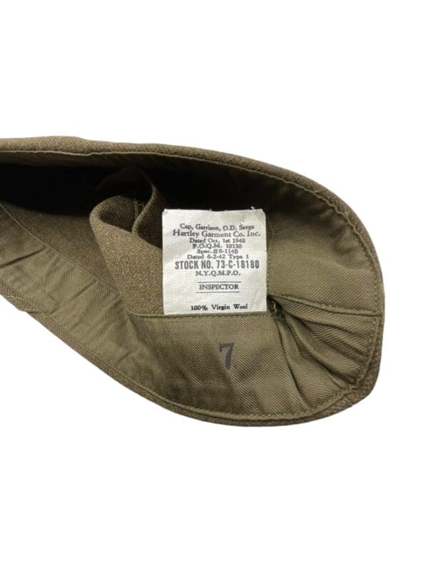 US Army Wool OD Garrison Cap Size 7 Dated 1948 - Image 3