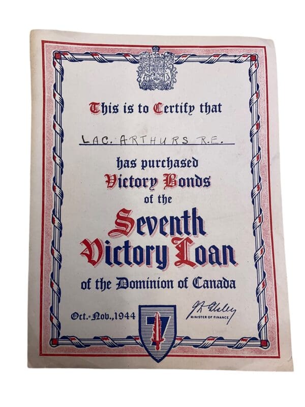 WW2 Canadian 7th Victory Loan Certificate RCAF LAC Arthurs