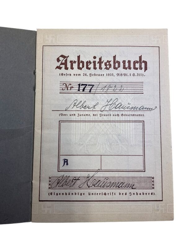 WW2 German Arbeitsbuch Employment Record Book - Hausmann