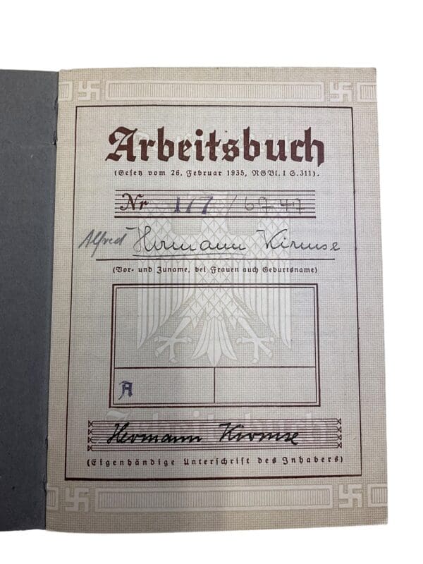 WW2 German Arbeitsbuch Employment Record Book - Kiruuse