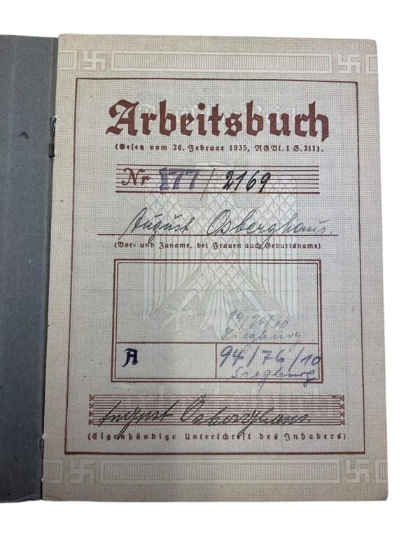 WW2 German Arbeitsbuch Employment Record Book - Osberghaus