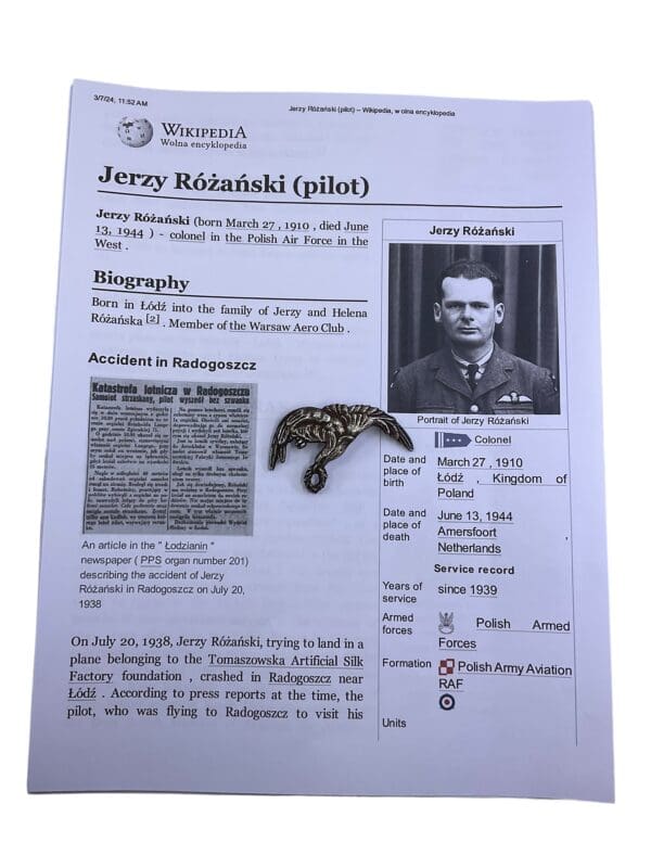 WW2 Poland Polish Pilots Badge Egyptian Made Named Jerzy Rozanski 112 Squadron KIA - Image 10