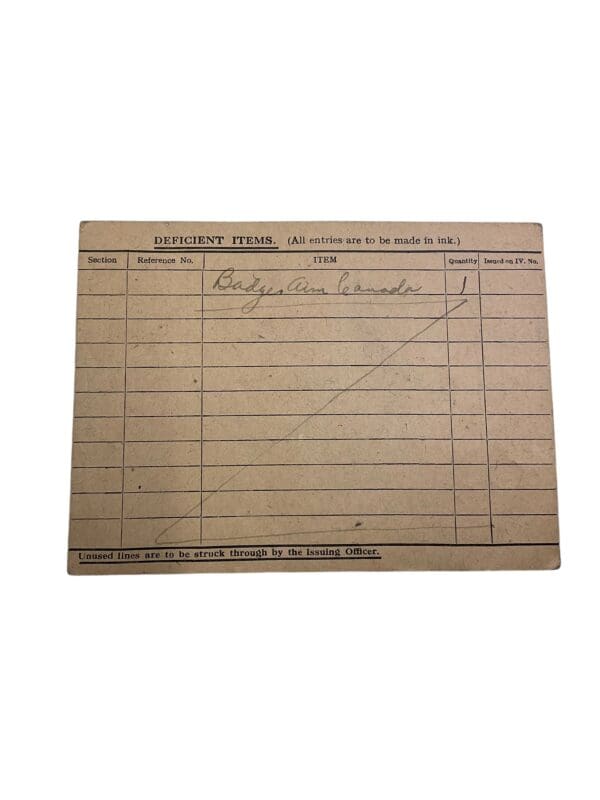 WW2 Canadian RCAF RAF Deficiencies of Kit Card