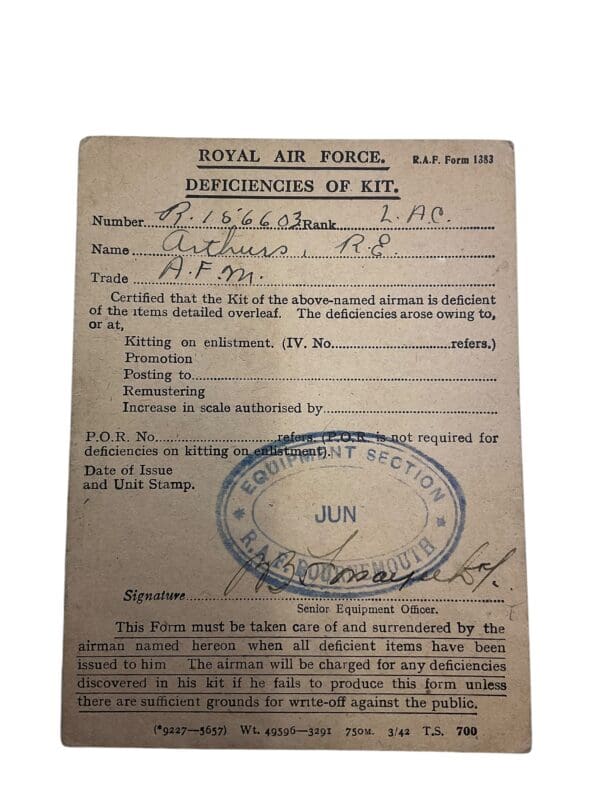 WW2 Canadian RCAF RAF Deficiencies of Kit Card