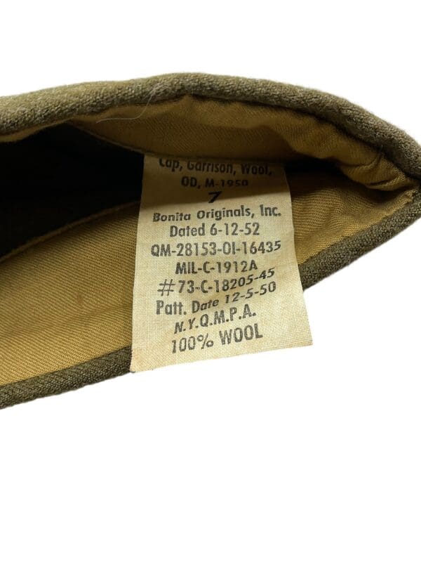 US Army M-1950 Artillery Garrison Cap Size 7 Dated 1952 - Image 4