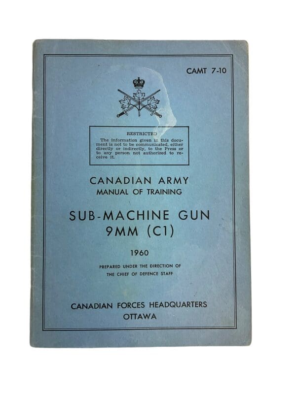 Canadian Army Manual of Training Sub Machine Gun 9mm C1 1960 Softcover Reference Book