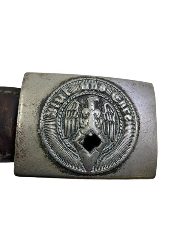 WW2 German Hitler Youth HJ Steel Belt Buckle Marked RZM 17 With Leather Tab - Image 5