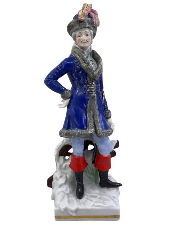 German 1880 to 1890 Voight Bros Sitzendorf Cossack Lieutenant Porcelain Statue 10.5 Inches