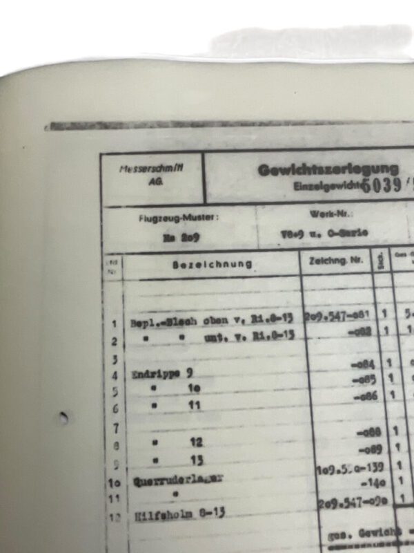 WW2 German US Lockheed Messerschmitt Me 209 Weight Breakdown - Image 7