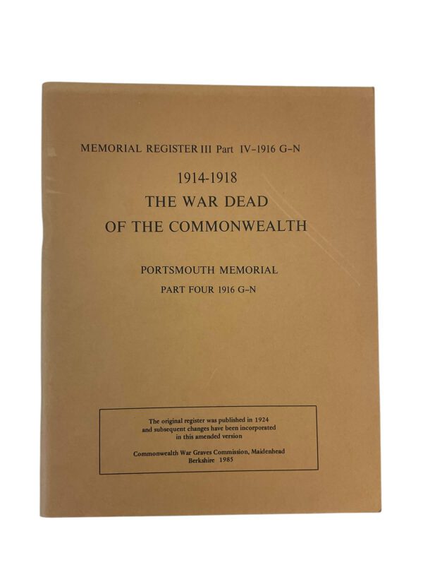 WW1 British Portsmouth Memorial Part 4 1916 G-N Used Softcover Reference Book