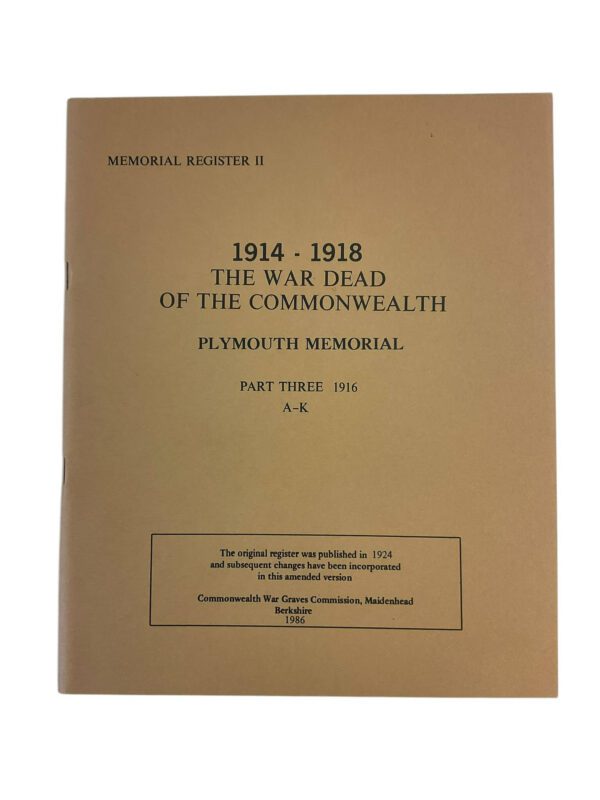 WW1 British Plymouth Memorial Part 3 1916 A-K Used Softcover Reference Book