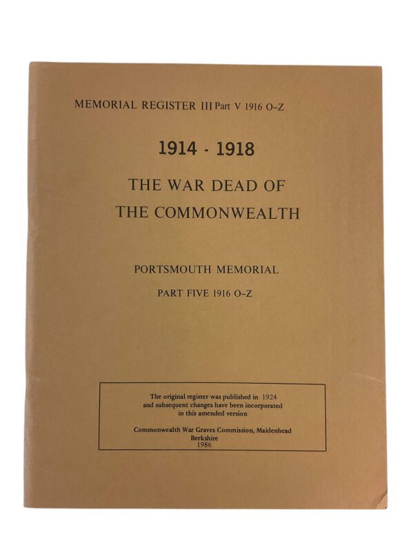 WW1 British Portsmouth Memorial Part 5 1916 O-Z Used Softcover Reference Book