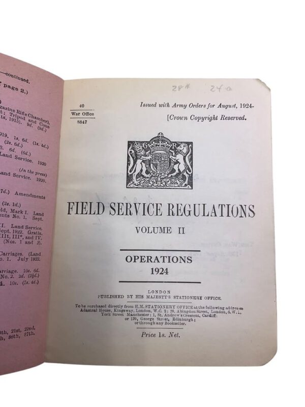 British Field Service Regulations Vol 2 Operations Manual Dated 1924 Used Hardcover Reference Book