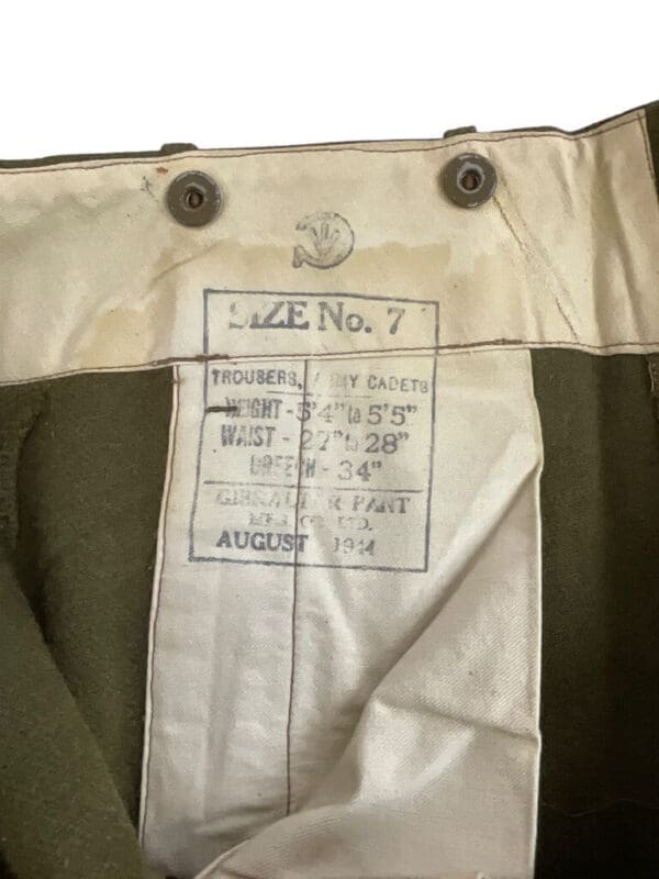 WW2 Canadian Army Cadets Trousers Pants Size 7 1944 Dated