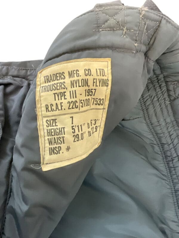 Canadian RCAF Grey Flight Suit Pants Trousers Cold War Era Size 7 Dated 1957