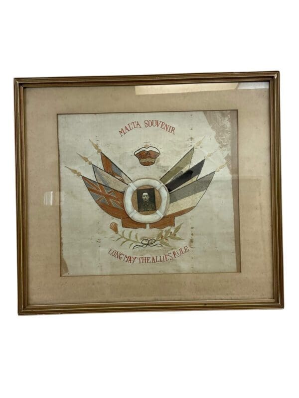 WW1 Australian ANZAC Malta Souvenir Long Live The Allies Rule Framed Embroidery 25 X 28