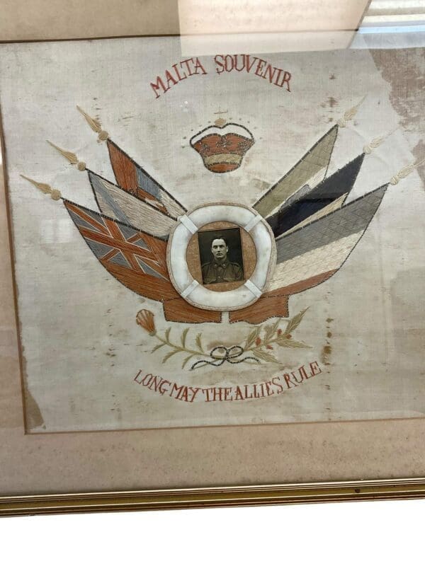 WW1 Australian ANZAC Malta Souvenir Long Live The Allies Rule Framed Embroidery 25 X 28