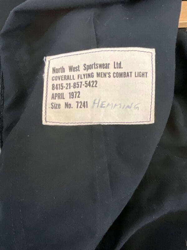 Canadian Forces RCAF Green Flight Suit Pilot 1972 Dated Size 7241