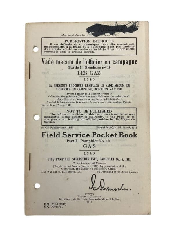 WW2 Canadian Field Service Pocket Book Part 1 Pamphlet No 10 Gas 1943 Used Softcover Reference Manual