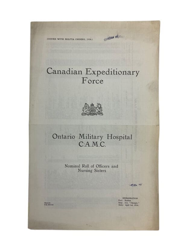WW1 Canadian CEF Ontario Military Hospital CAMC Nominal Roll