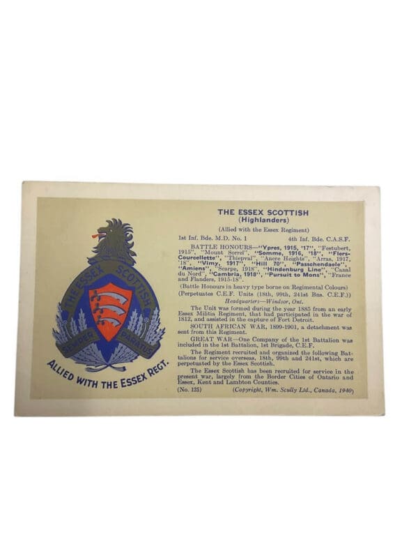 WW2 Canadian Essex Scottish Postcard