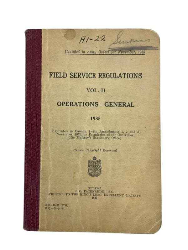 WW2 Canadian Field Service Regulations Vol 2 Operations General 1935 Used Softcover Reference Book