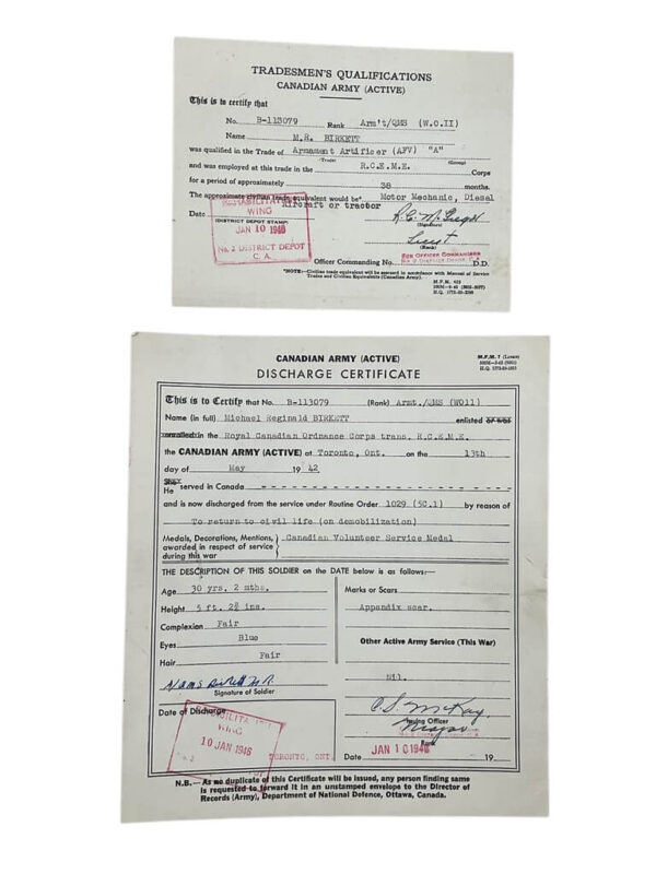WW2 Canadian Discharge Certificate RCEME